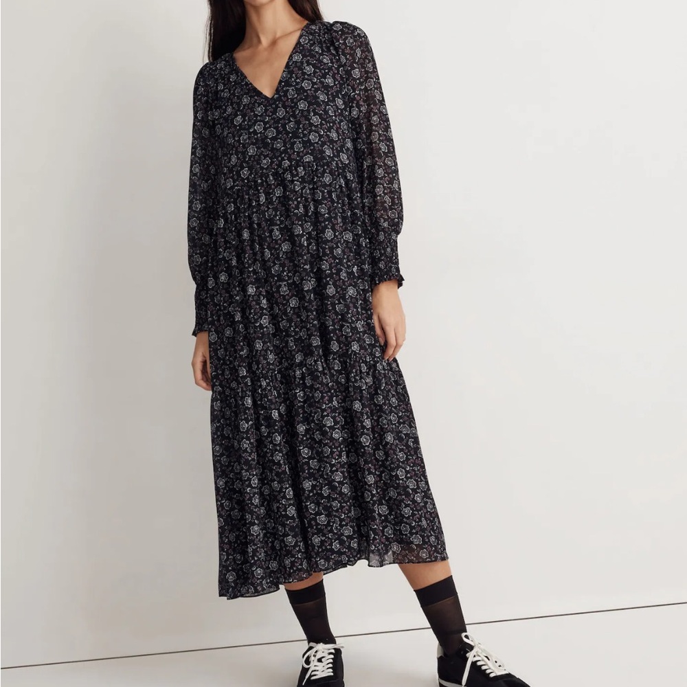 Madewell Georgette V-Neck Tiered Midi Dress in Enchanted Floral Women's Size XS